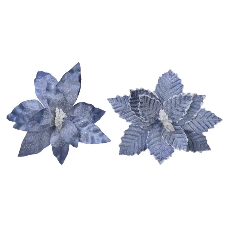 Outlet Sapins 2 Poinsettias Bleues En Velours Sur Clip